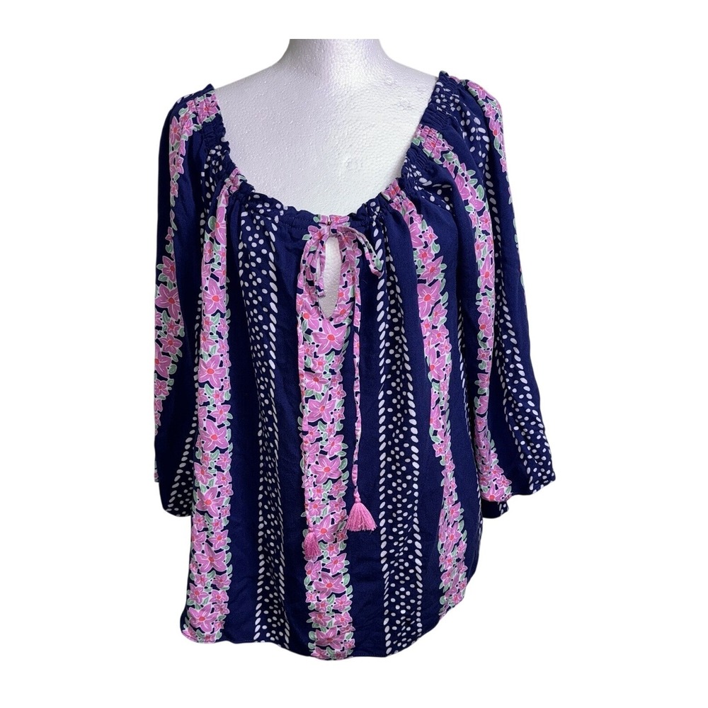 Southern Tide Blue Floral Rayon Peasant Top XL Boho Coastal Cottagecore Tassels